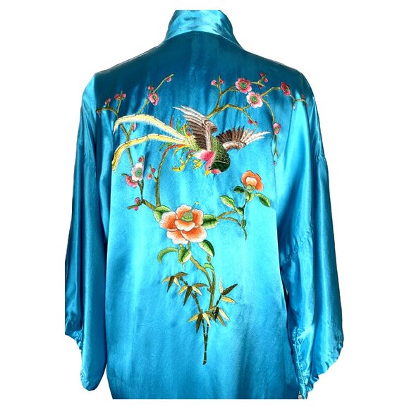 Vintage Golden Bee Turquoise Blue Embroidered Robe Kimono - Picture 6 of 11